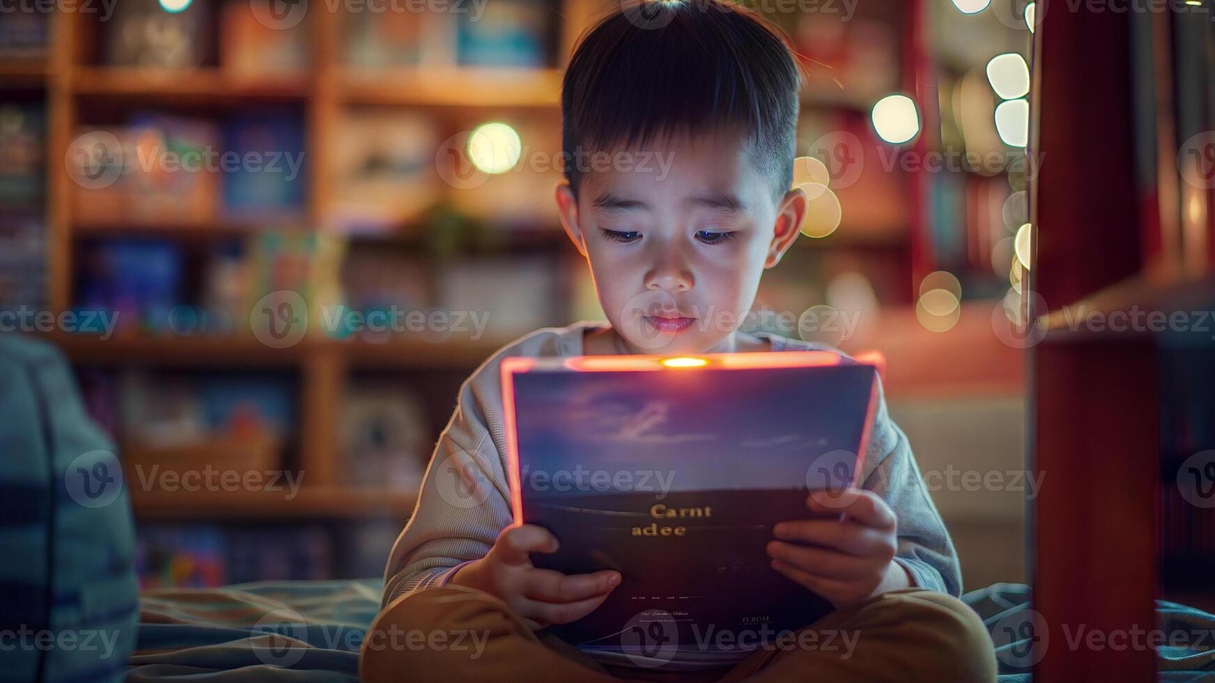 A young boy is reading a book in front of a bookcase photo