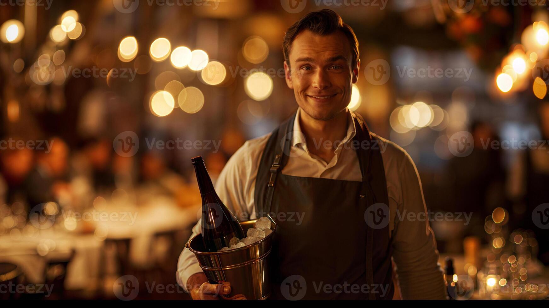 A waiter holding a bottle of wine and a bucket photo