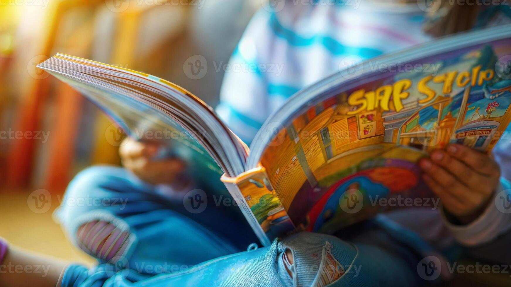 A child is sitting on a couch reading a book photo