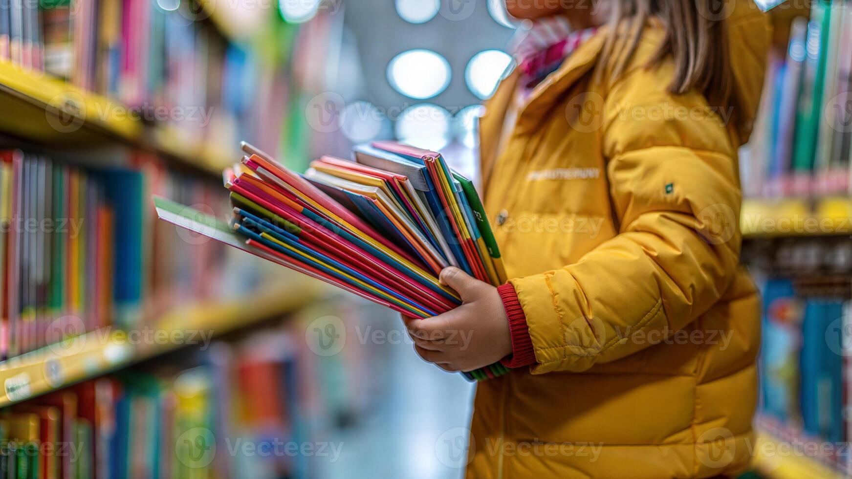 A little girl in yellow jacket holding a book in a library photo