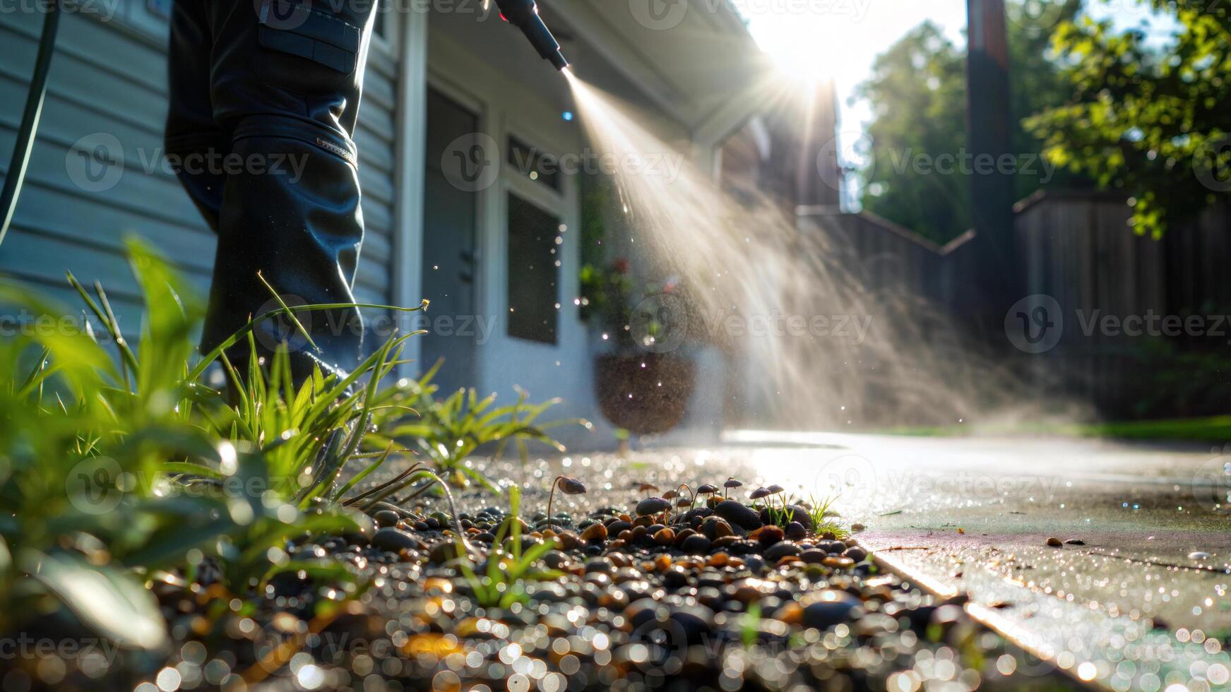 A person is spraying water on a garden photo