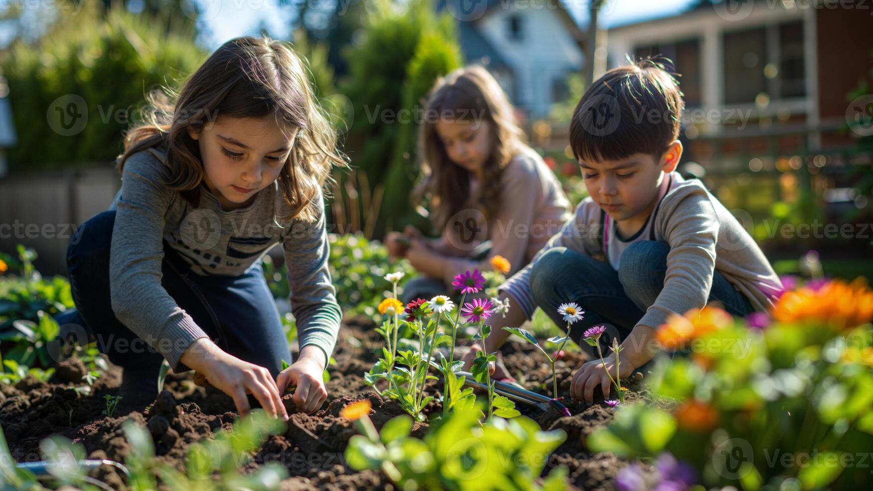 Three children are planting flowers in a garden photo