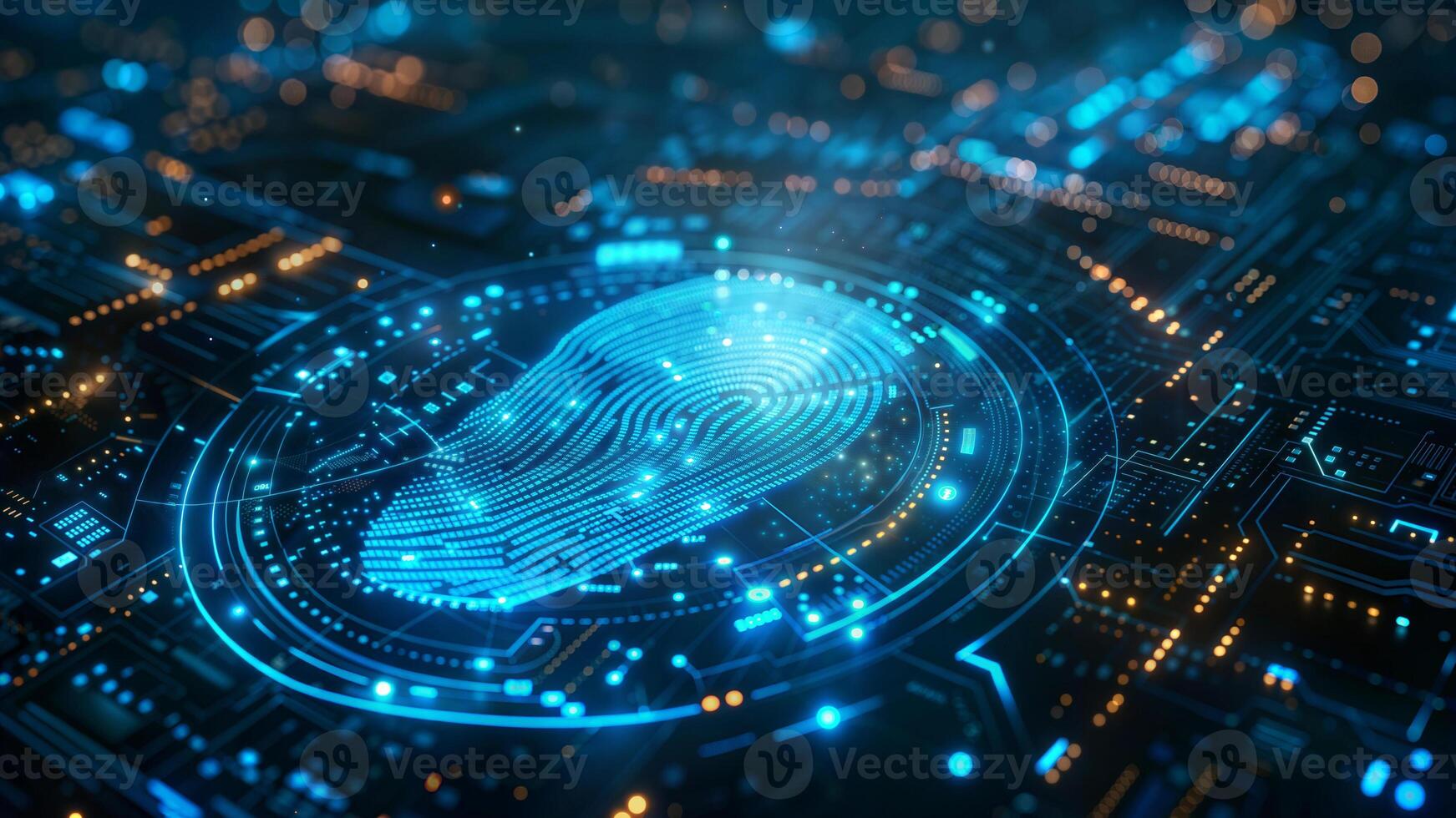 Biometric fingerprint on a circuit board with glowing lights photo
