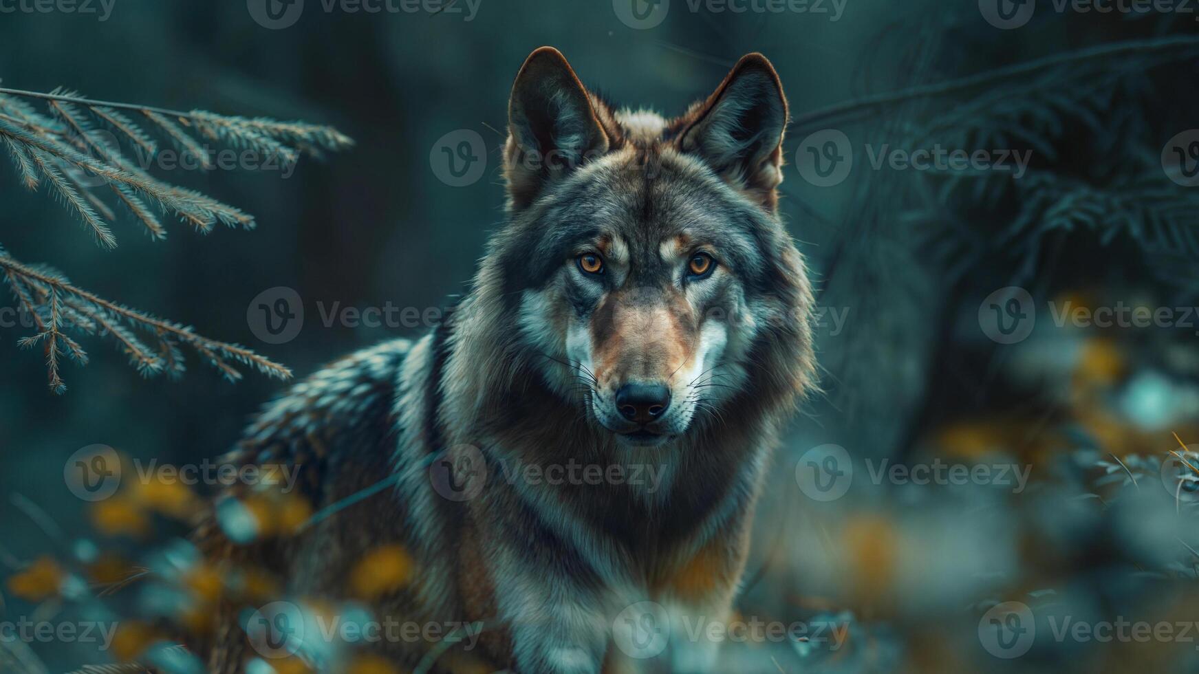 A wolf is standing in the woods photo