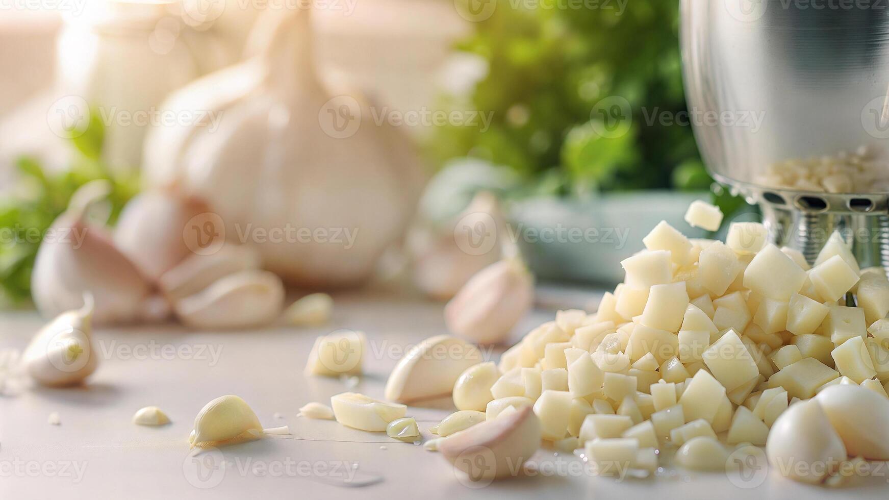 Garlic and garlic cloves are scattered on a counter photo