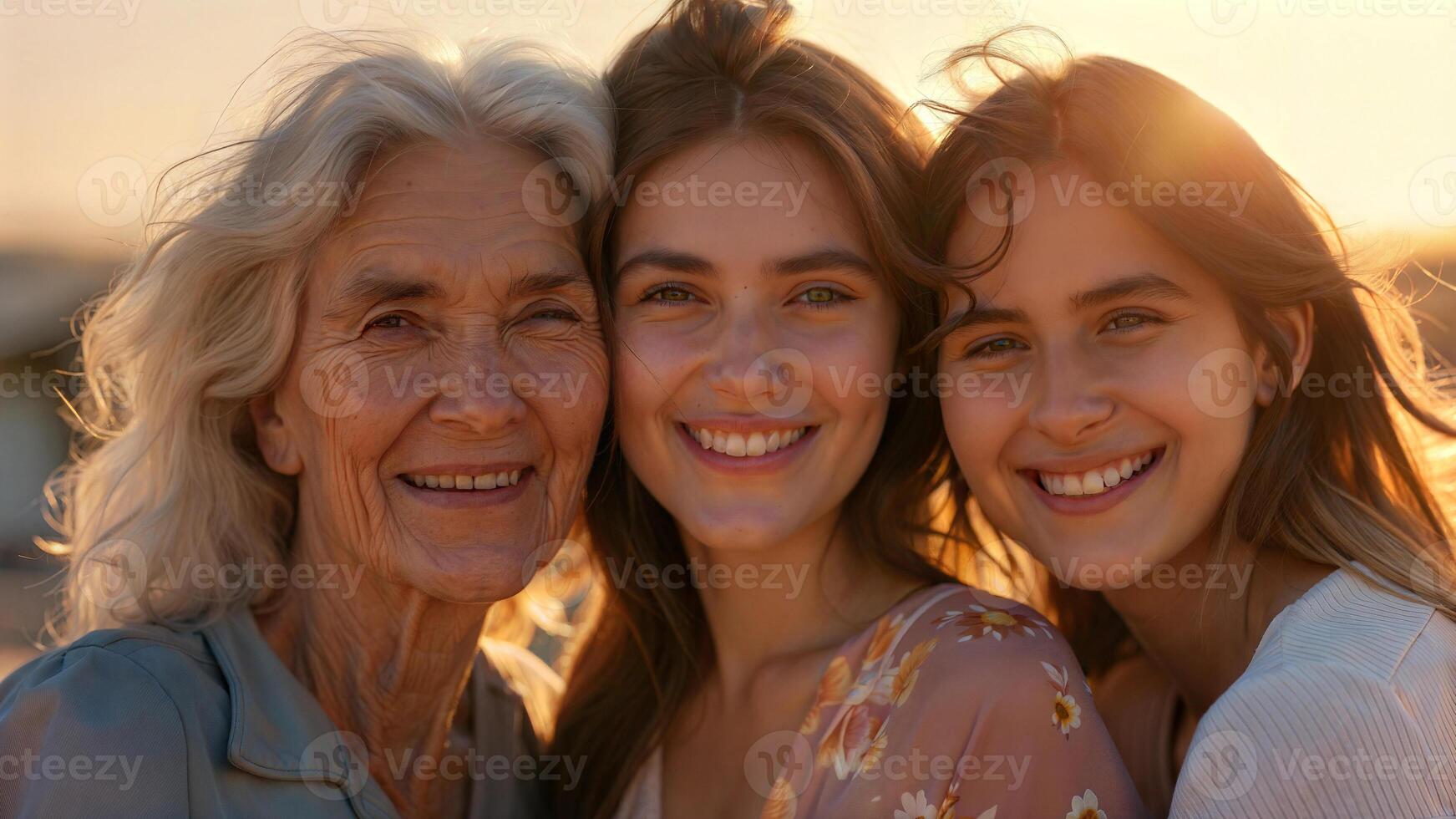 Three women smiling together at sunset photo