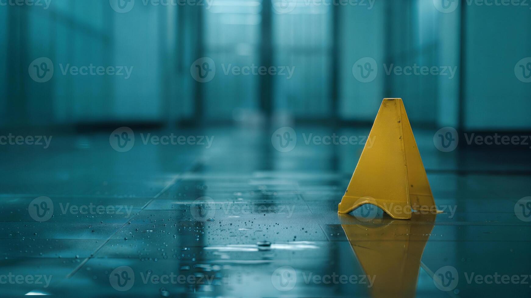 A yellow caution cone sitting on the floor in a hallway photo