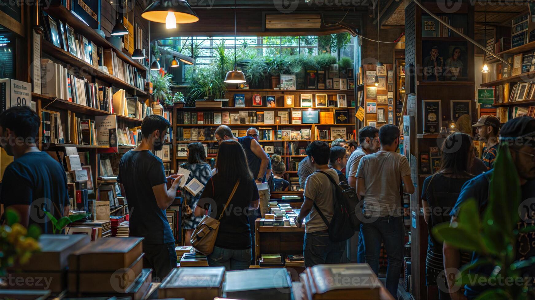 People are in a book store photo