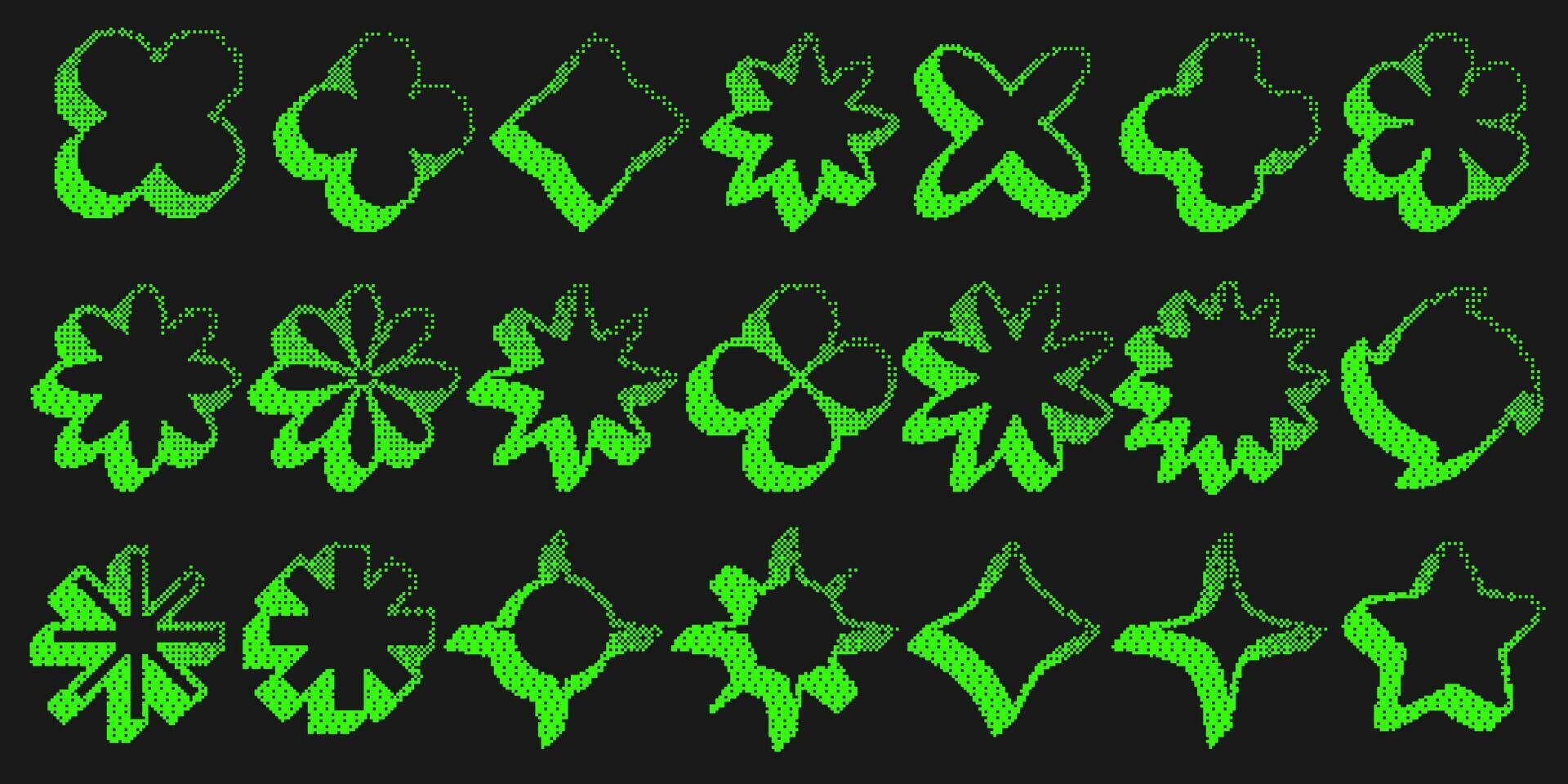 Bitmap pattern star shapes. Flowers halftone gradient elements on dark background. Y2k graphic abstract icons. Dither noisy star with grunge texture. vector