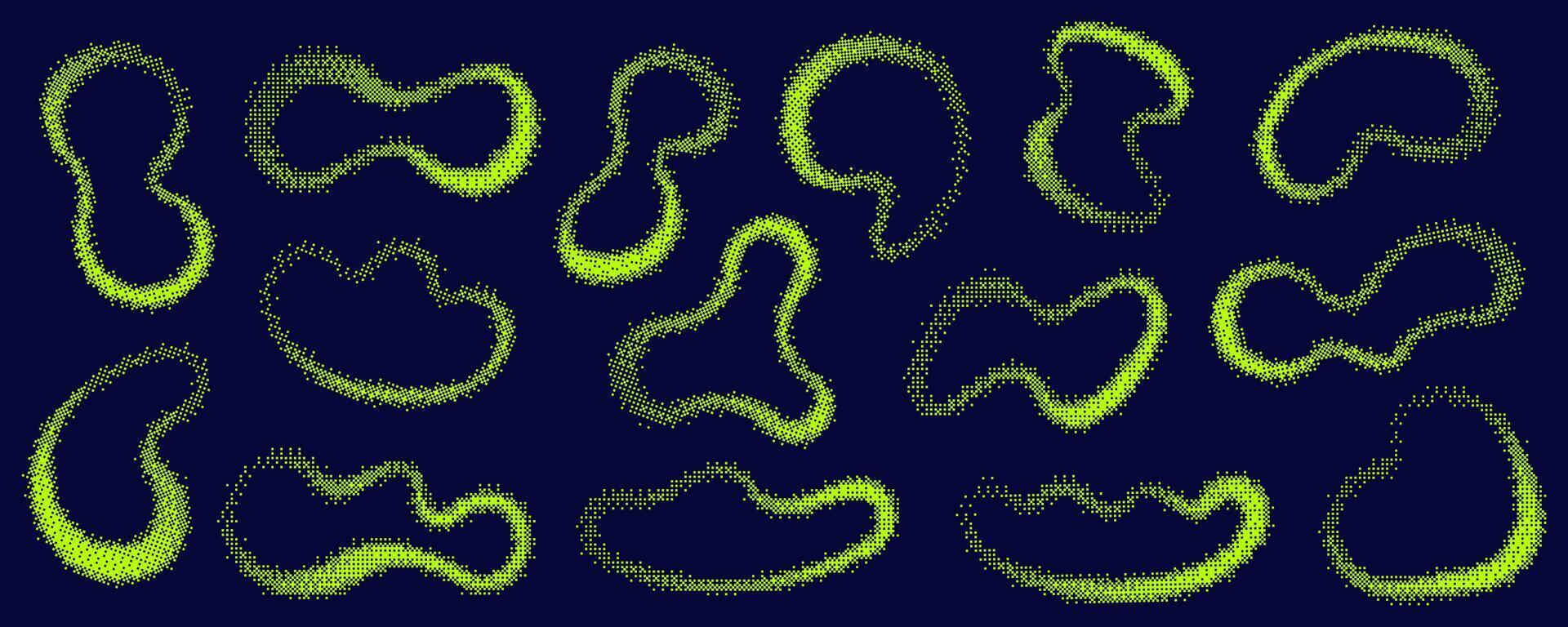 Bitmap pattern background organic shapes. Y2K gradient retro elements. Abstract noisy glitch halftone doodles. Decorative green neon aesthetic frames on dark background vector