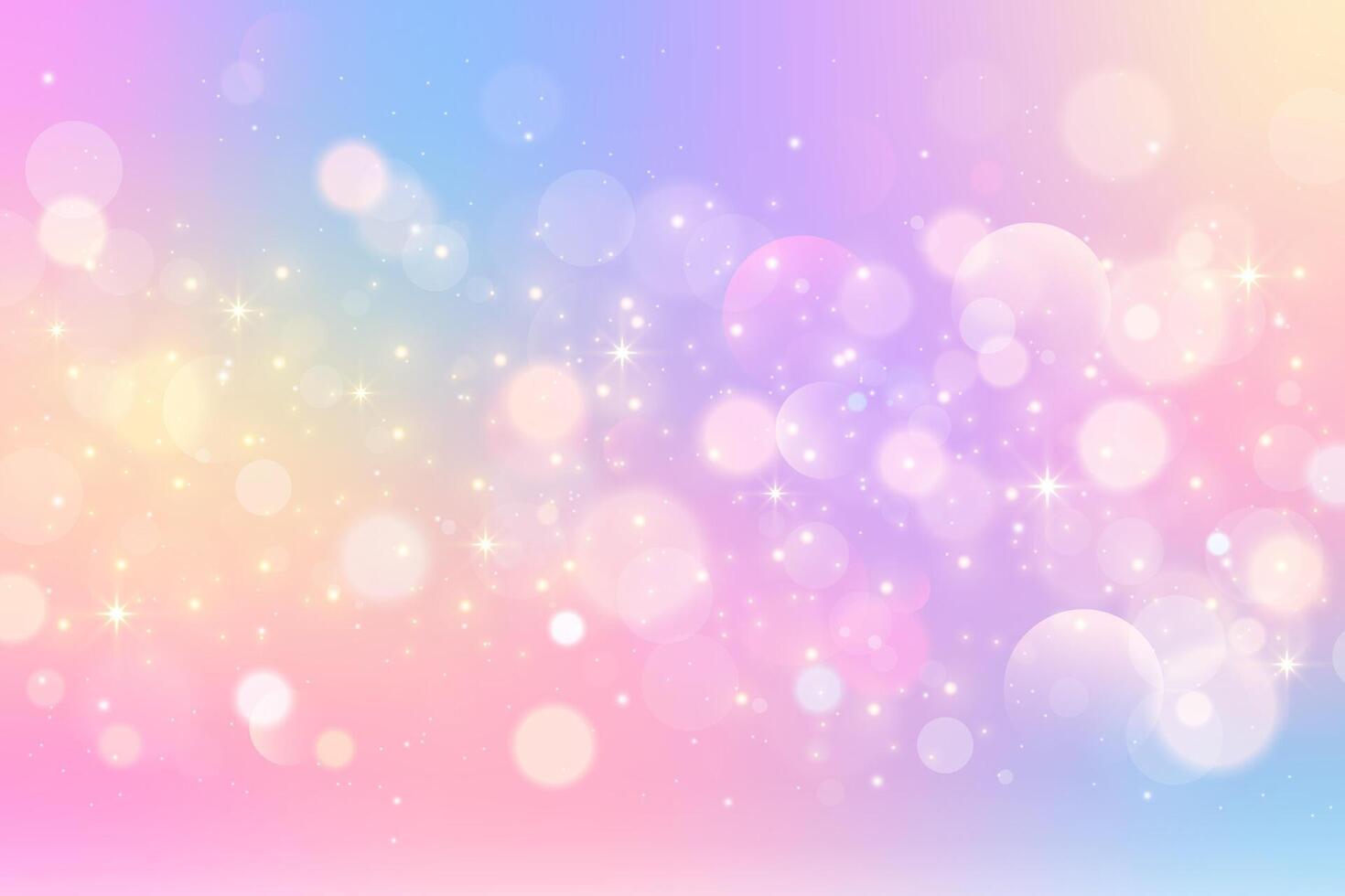Rainbow unicorn background with stars pattern. Pink and purple cute sky with sparkles. Fantasy pastel magic textured wallpaper with bokeh and glitter. Abstract holographic fairy space. vector