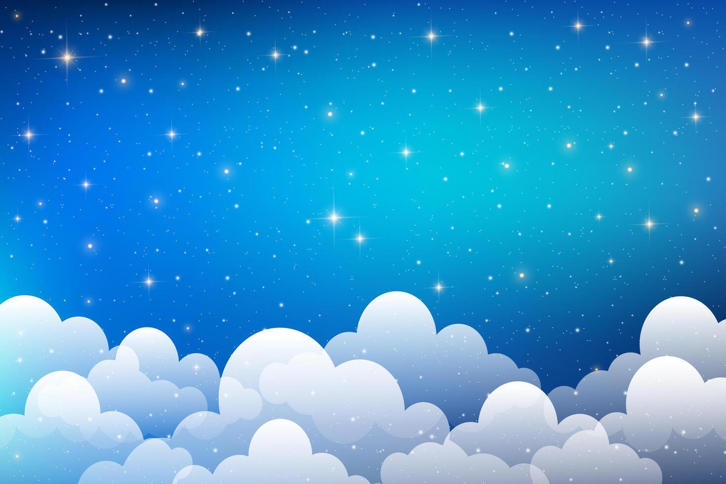 Night sky background with clouds and stars. magic space illustration. Dreamy blue gradient galaxy. Cartoon cosmic fantasy universe landscape vector