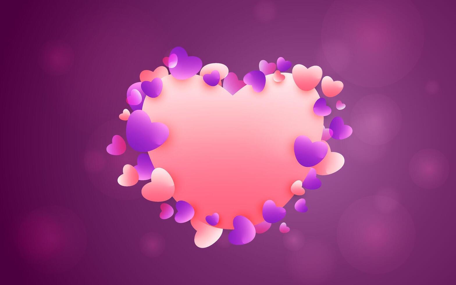 Valentine's Day heart shaped frame design with pink and purple floating hearts on purple background vector