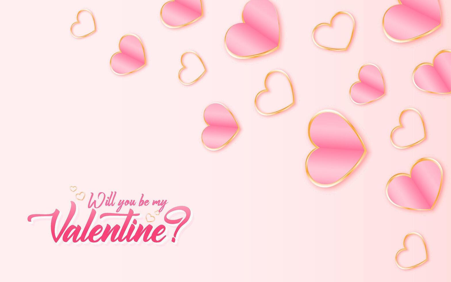 Valentines Day background and banner design with shiny pink and golden hearts on a white background vector