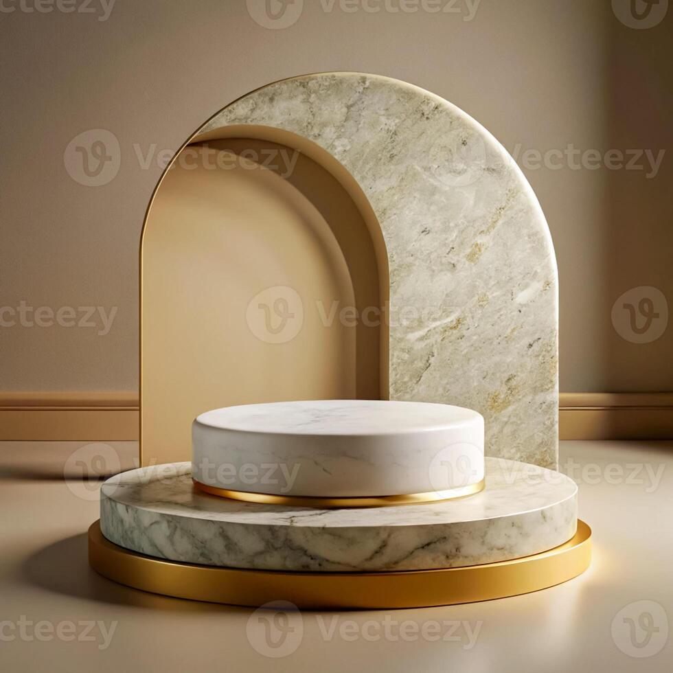 A marble table with a gold base and a circular shape photo