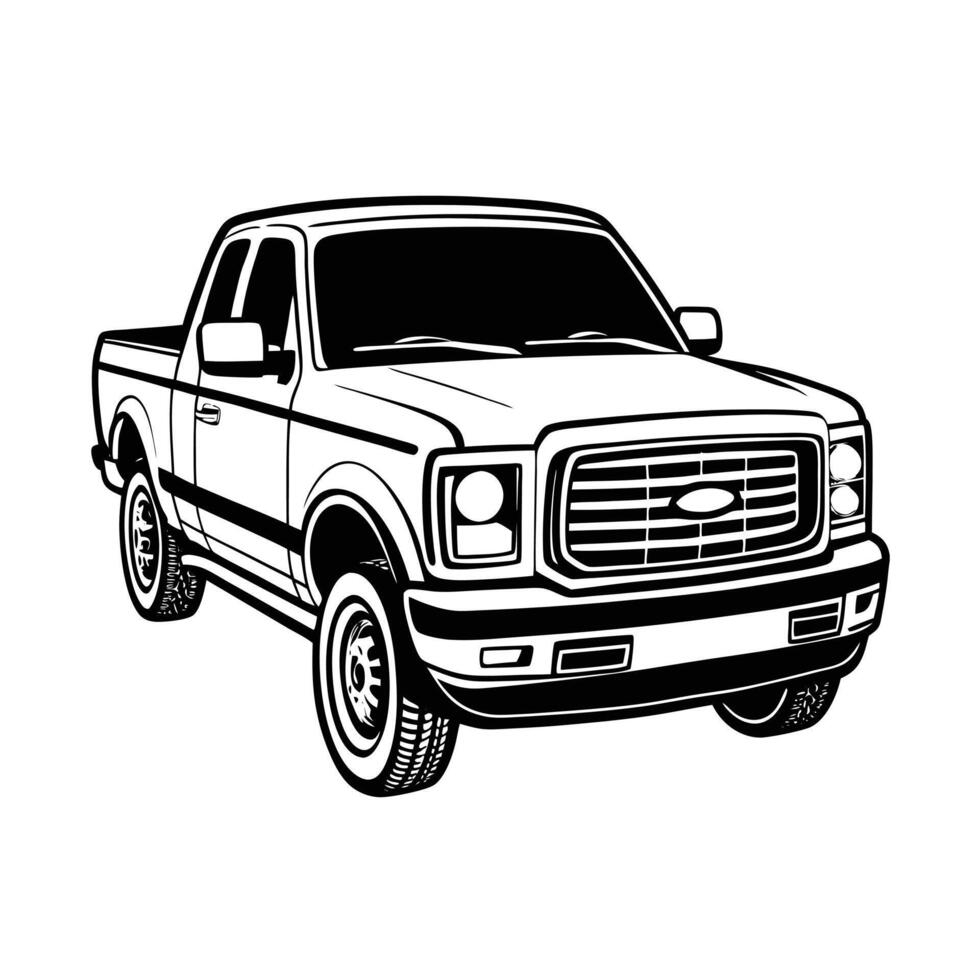 A black and white drawing of a pickup truck vector