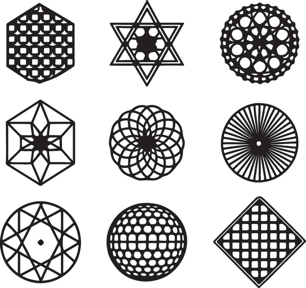 Set of geometric shape and grid silhouette art illustration vector