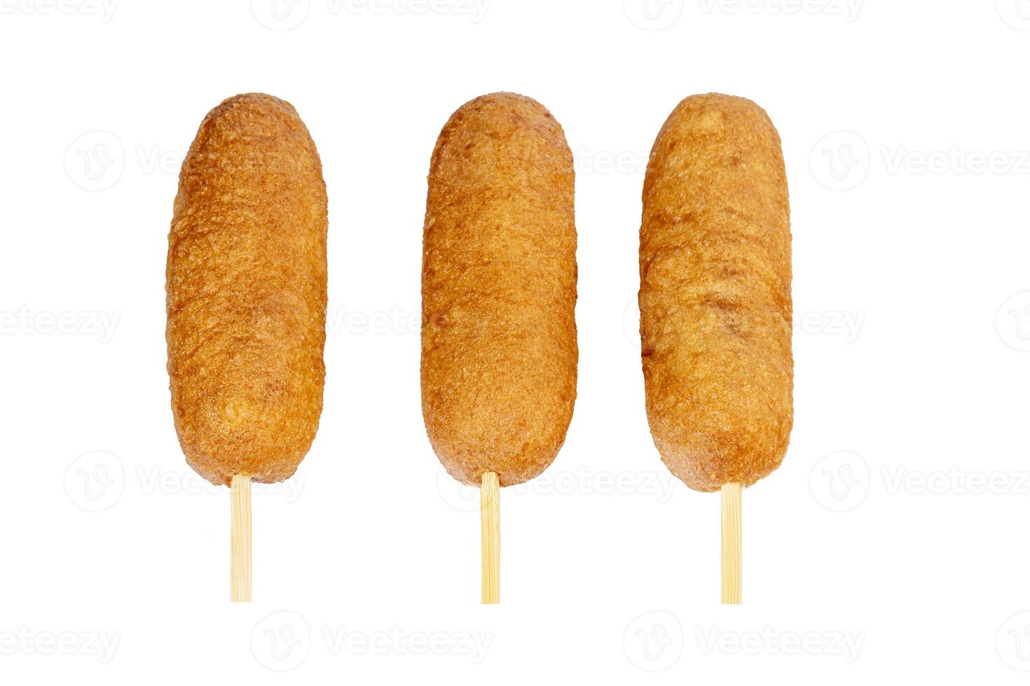 Corn dogs with different fillings and different sauces. isolated on background. photo