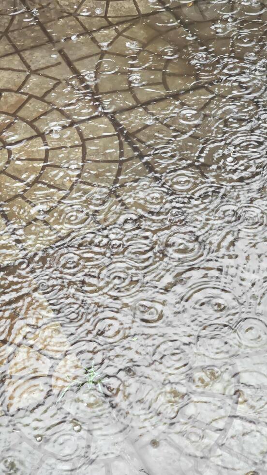 Street tiles wet from rain. Different textures of stone. Large drops and puddles photo