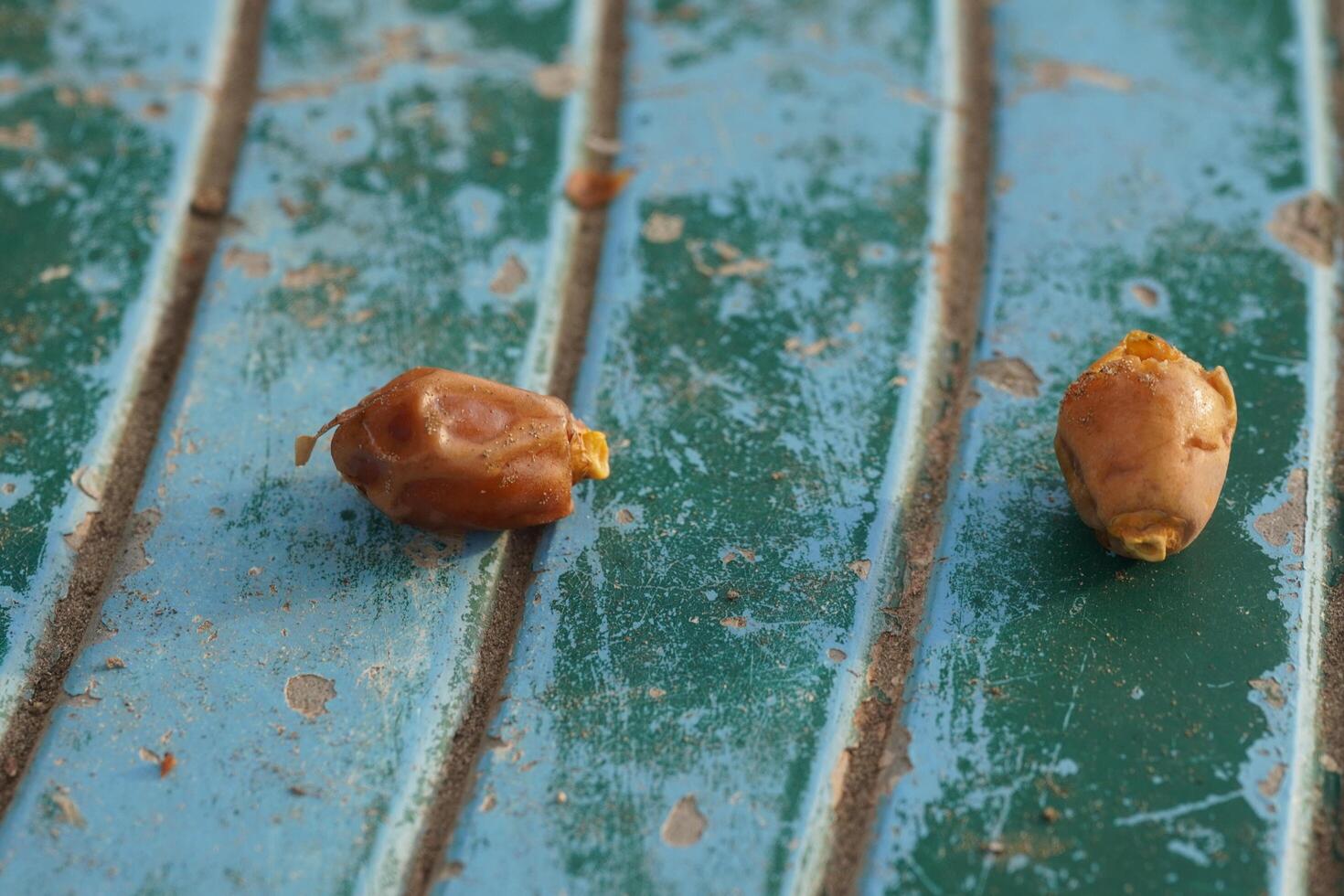 Two nuts on a green bench photo
