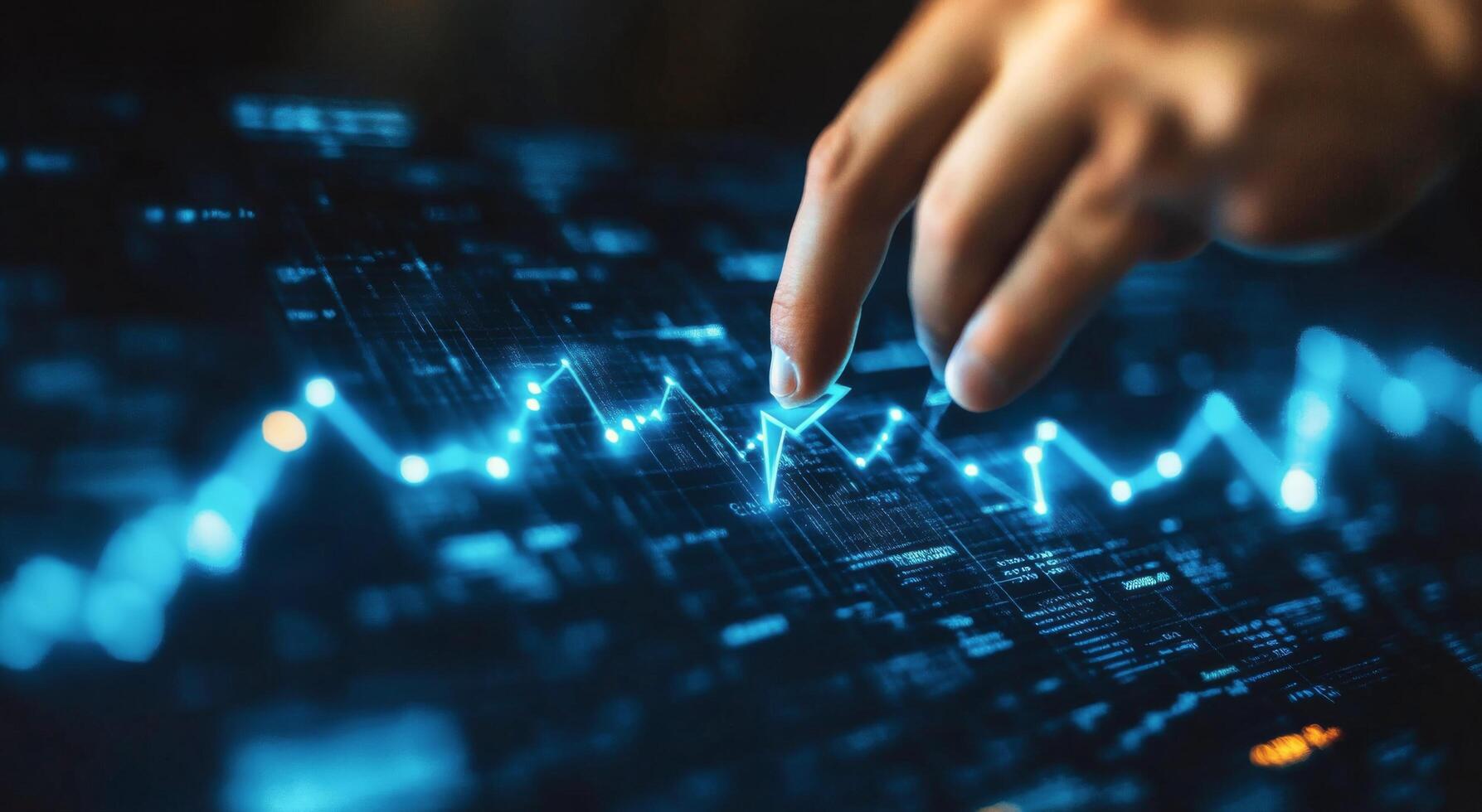 A business professional analyzes financial data through digital graphs and charts at night photo