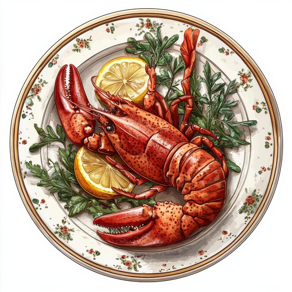 Freshly prepared lobster served with lemon slices and garnished with parsley for a delicious meal photo