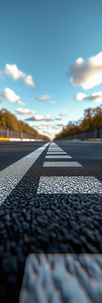 View of a racetracks checkered finish line under a bright blue sky during daytime photo