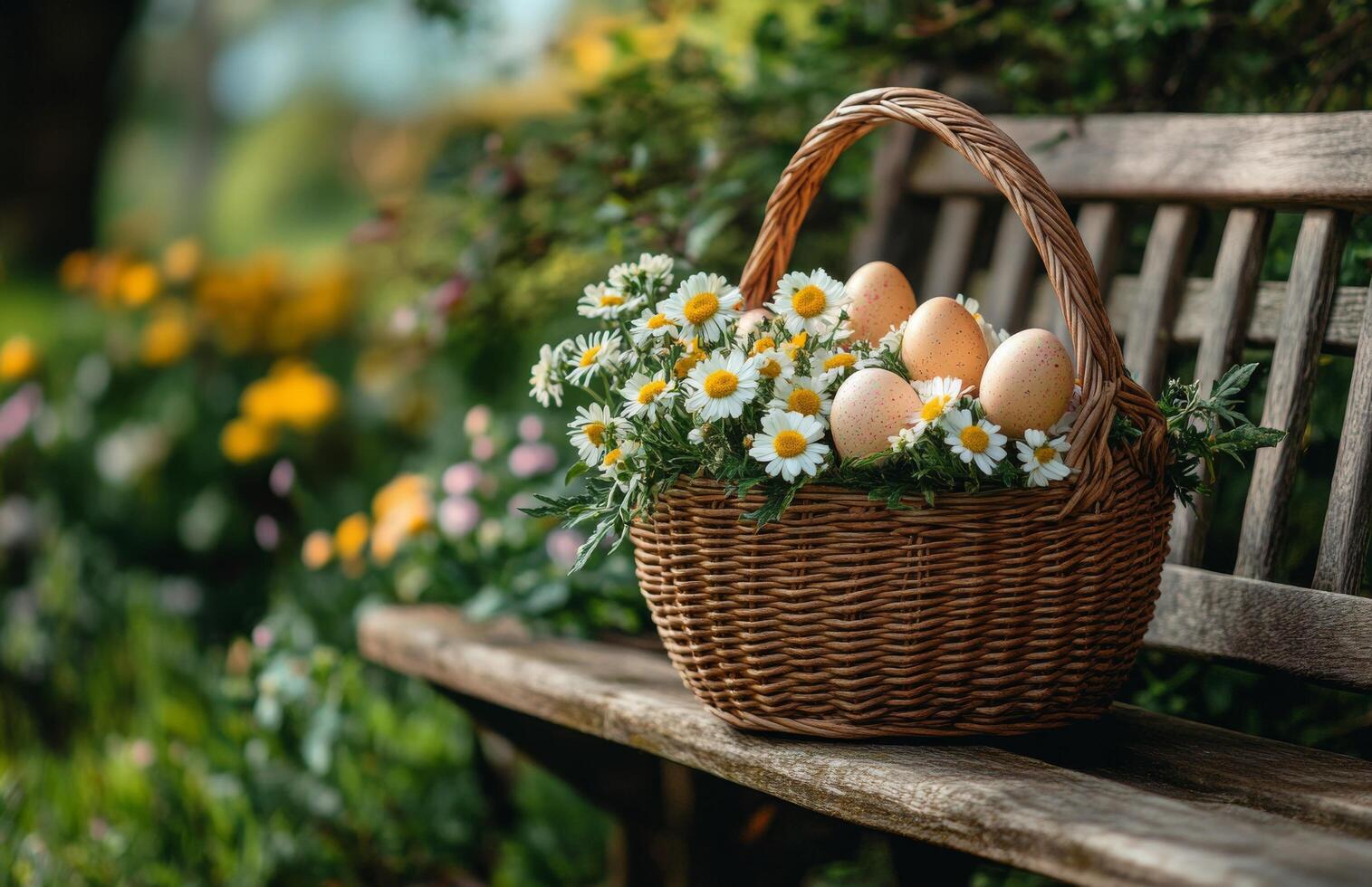A wicker basket filled with eggs and daisies resting on a garden bench in springtime photo