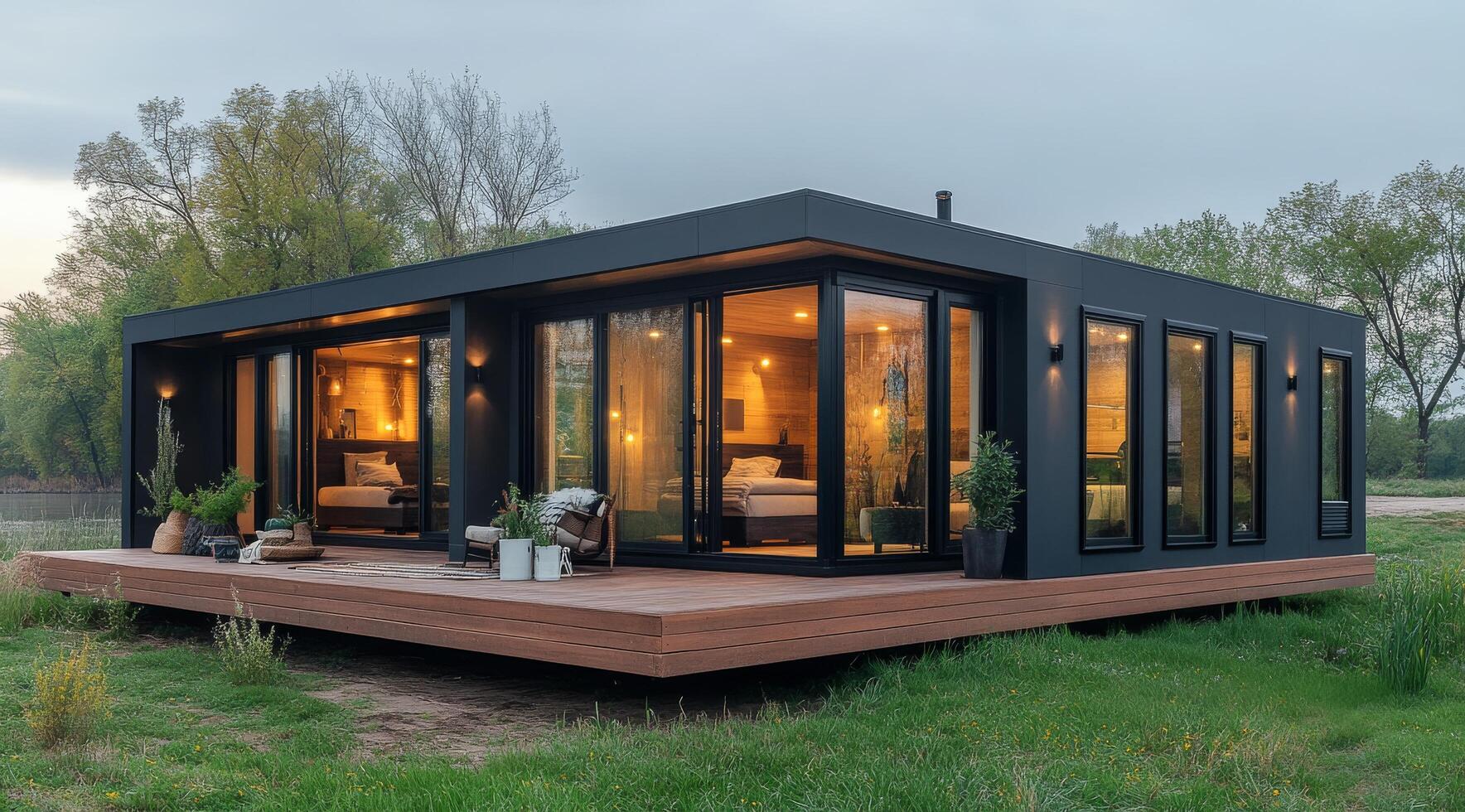 Modern black cabin on stilts surrounded by lush greenery at sunset near a peaceful water body photo