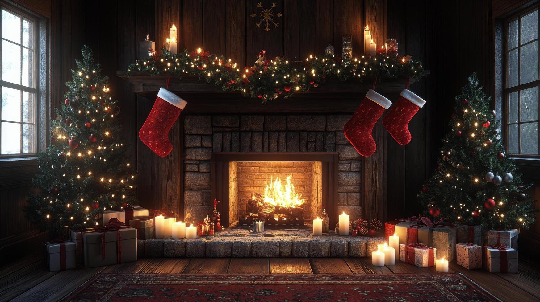Cozy Christmas fireplace adorned with stockings, decorations, and glowing candles in a cabin setting photo