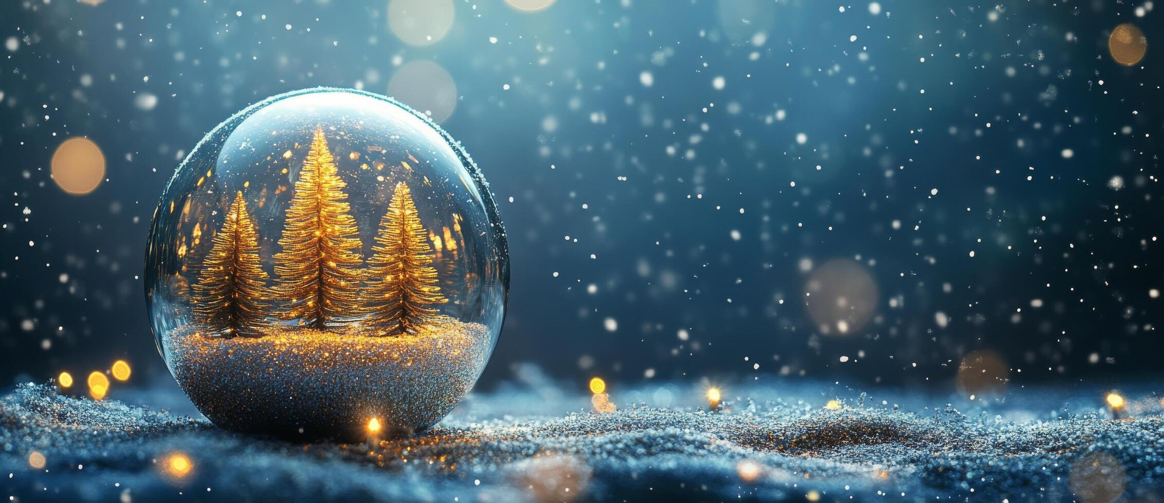 A golden Christmas tree inside a glass ornament shines brightly against a snowy blue background photo