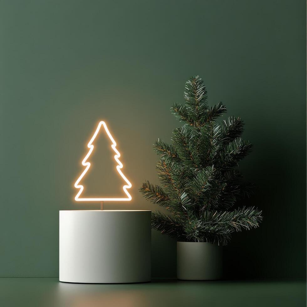 Minimalist neon Christmas tree decoration on a green background in a cozy indoor setting photo