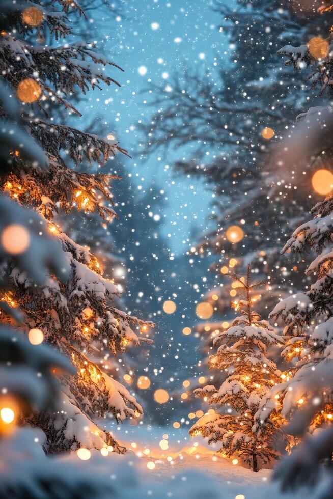 Enchanting winter pathway lined with snow covered trees illuminated by festive lights photo