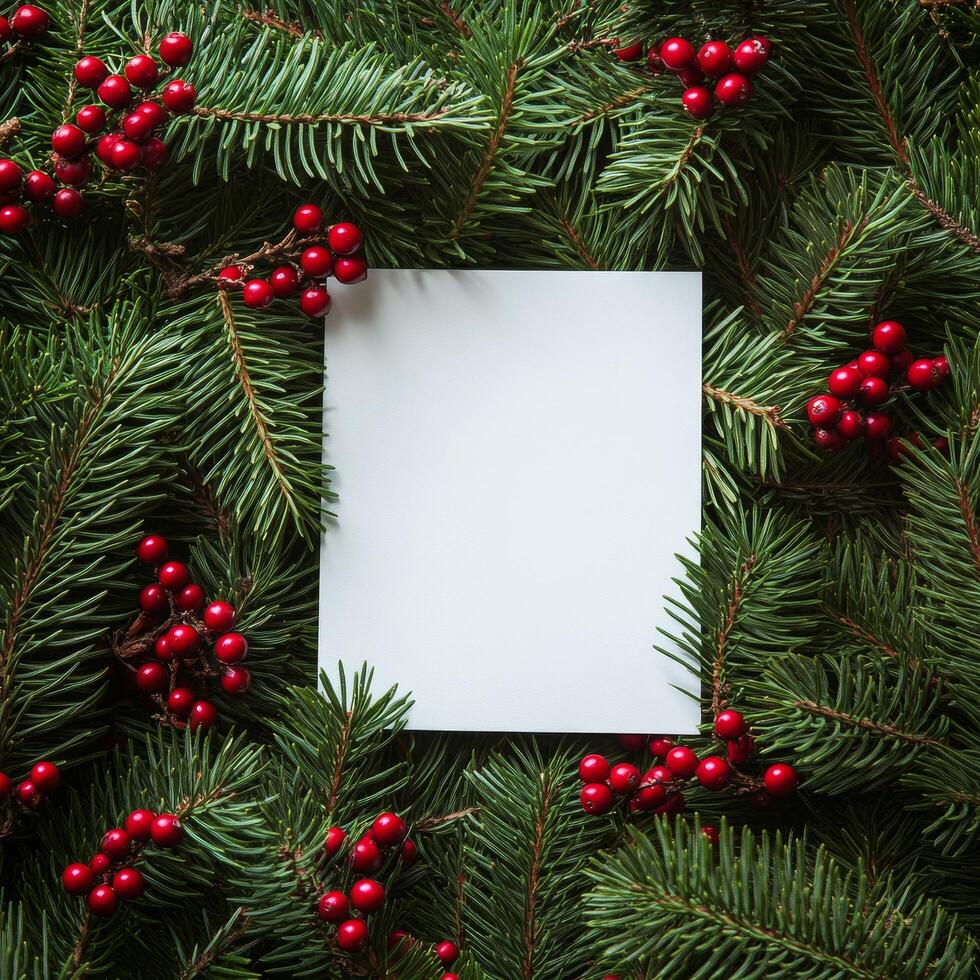 Blank sheet of paper surrounded by festive greenery and red berries for holiday greetings photo