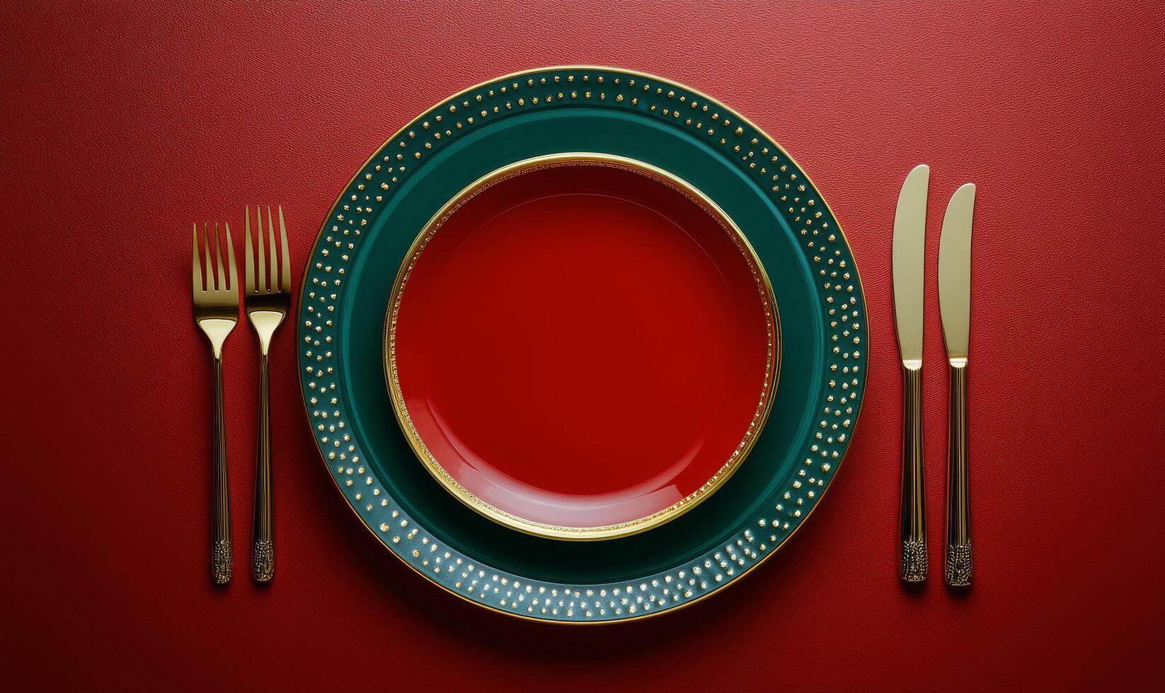 Elegant festive table setting with red plate and golden cutlery on a rich red background photo