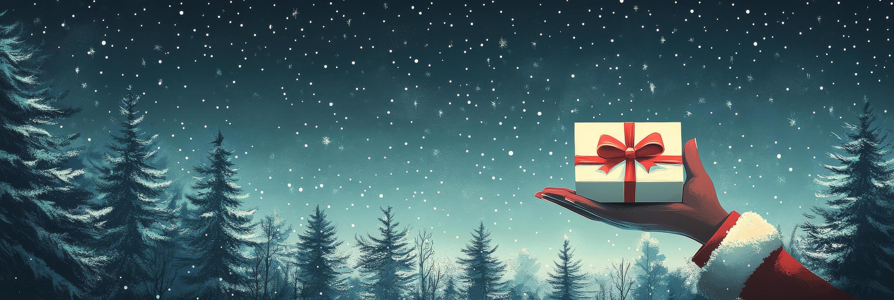 A snowy evening in the forest as Santa presents a gift with a warm glow in hand photo