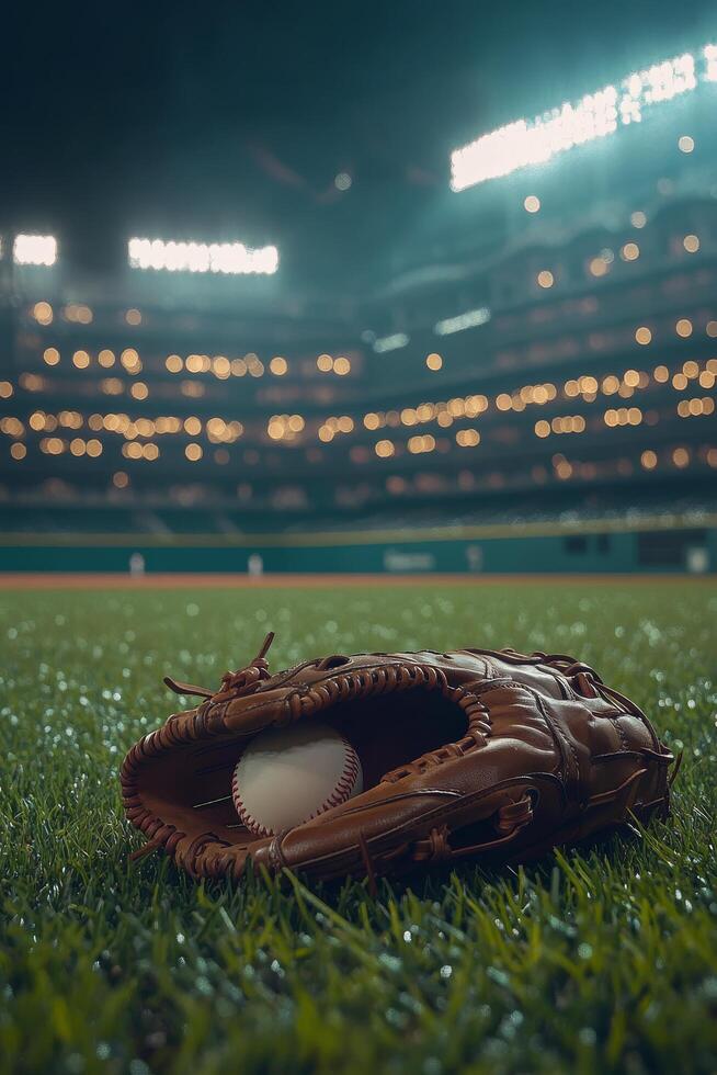 Nighttime baseball setting with a glove, cap, and ball on the lush green grass photo