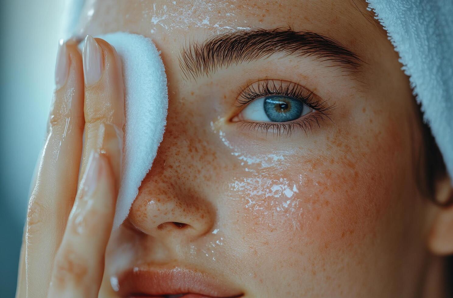 A young woman applies toner to her skin using a cotton pad in natural light at home photo
