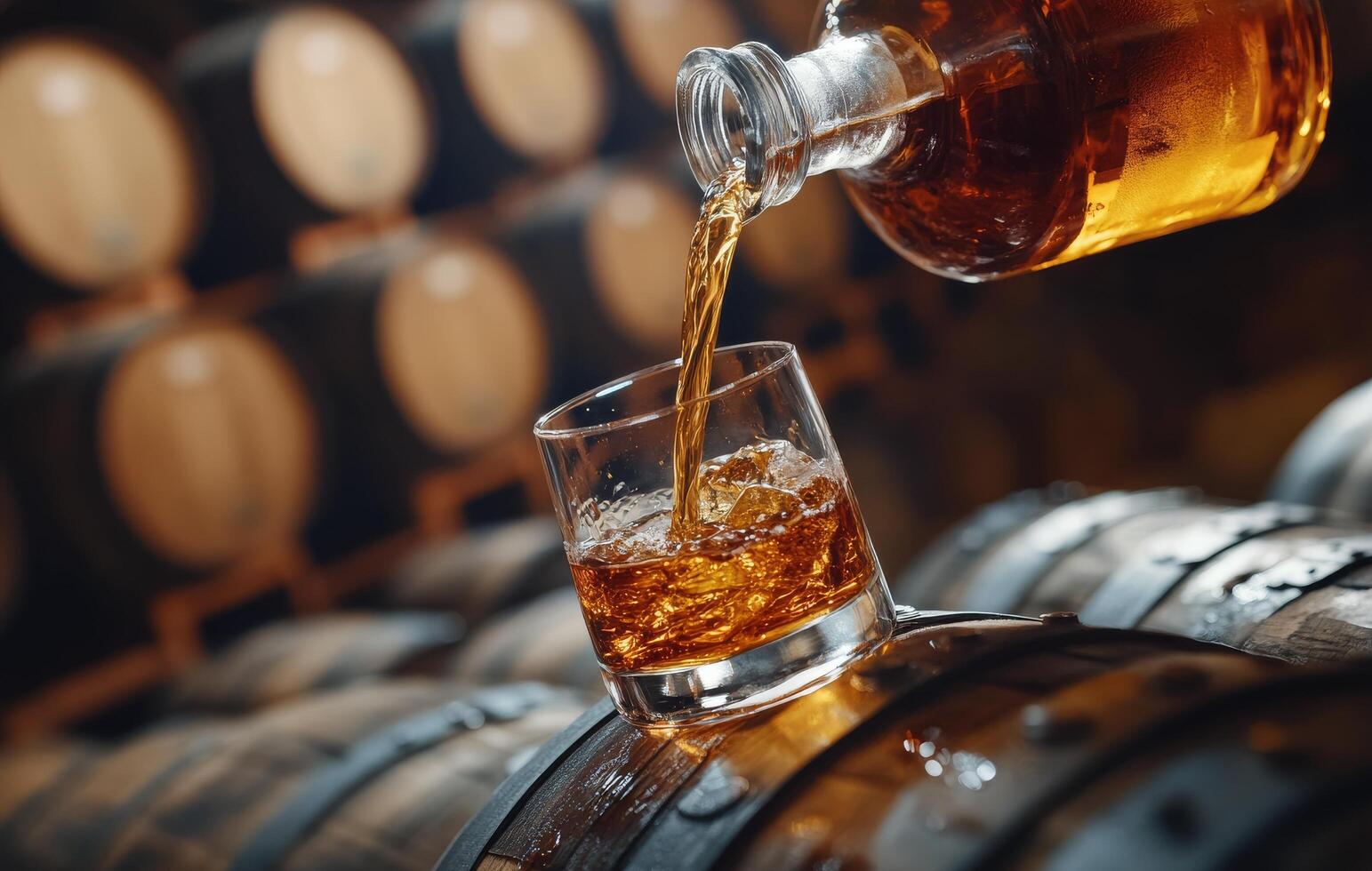 Pouring golden whiskey into a glass from a bottle in a rustic distillery setting photo