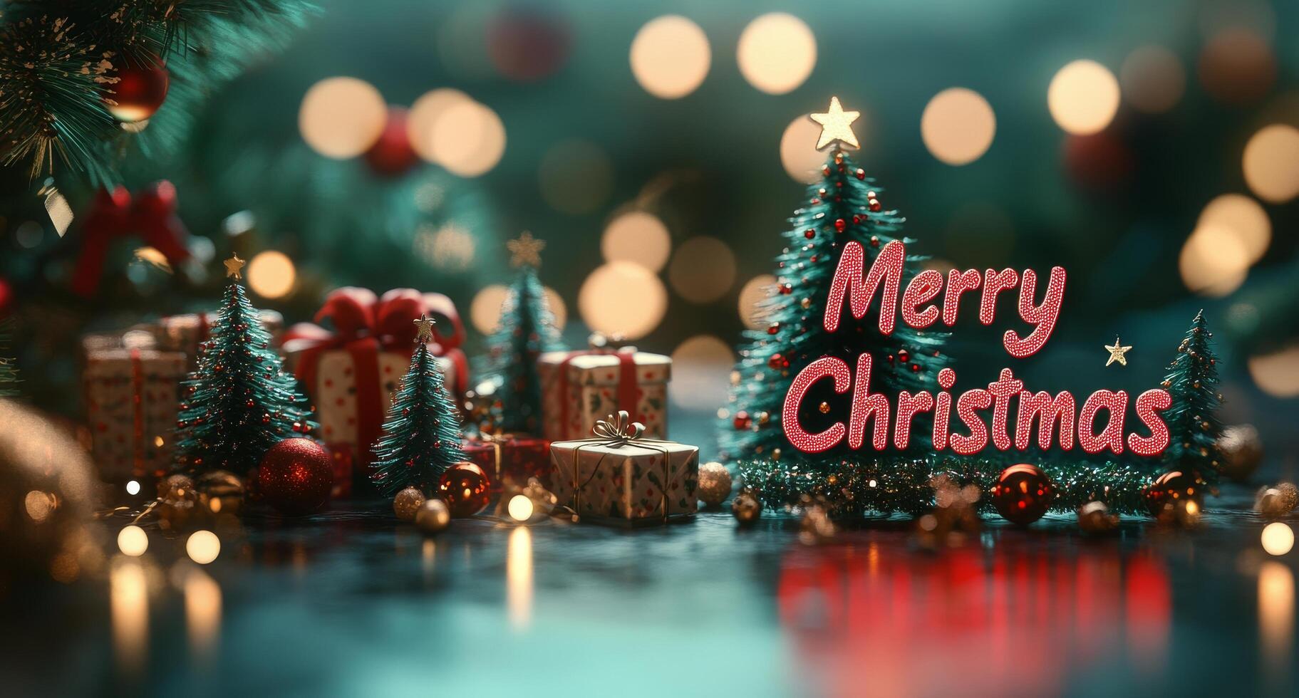 Festive decorations with Christmas trees and gifts create a joyful holiday atmosphere at night photo