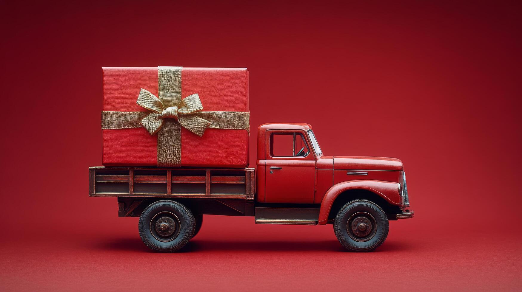 A red truck delivering a large gift box on a vibrant red background photo