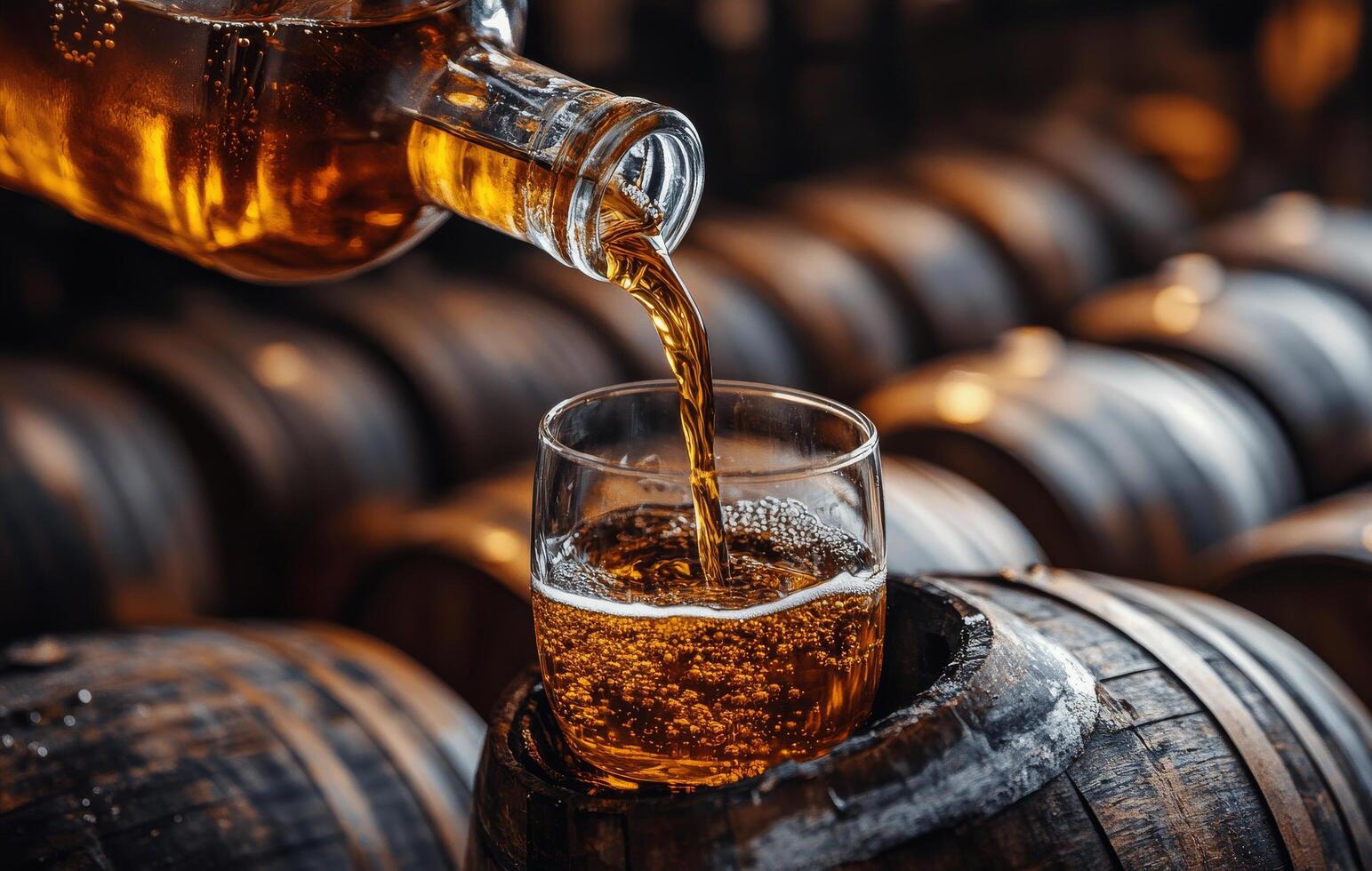 Pouring golden whiskey into a glass from a bottle in a rustic distillery setting photo
