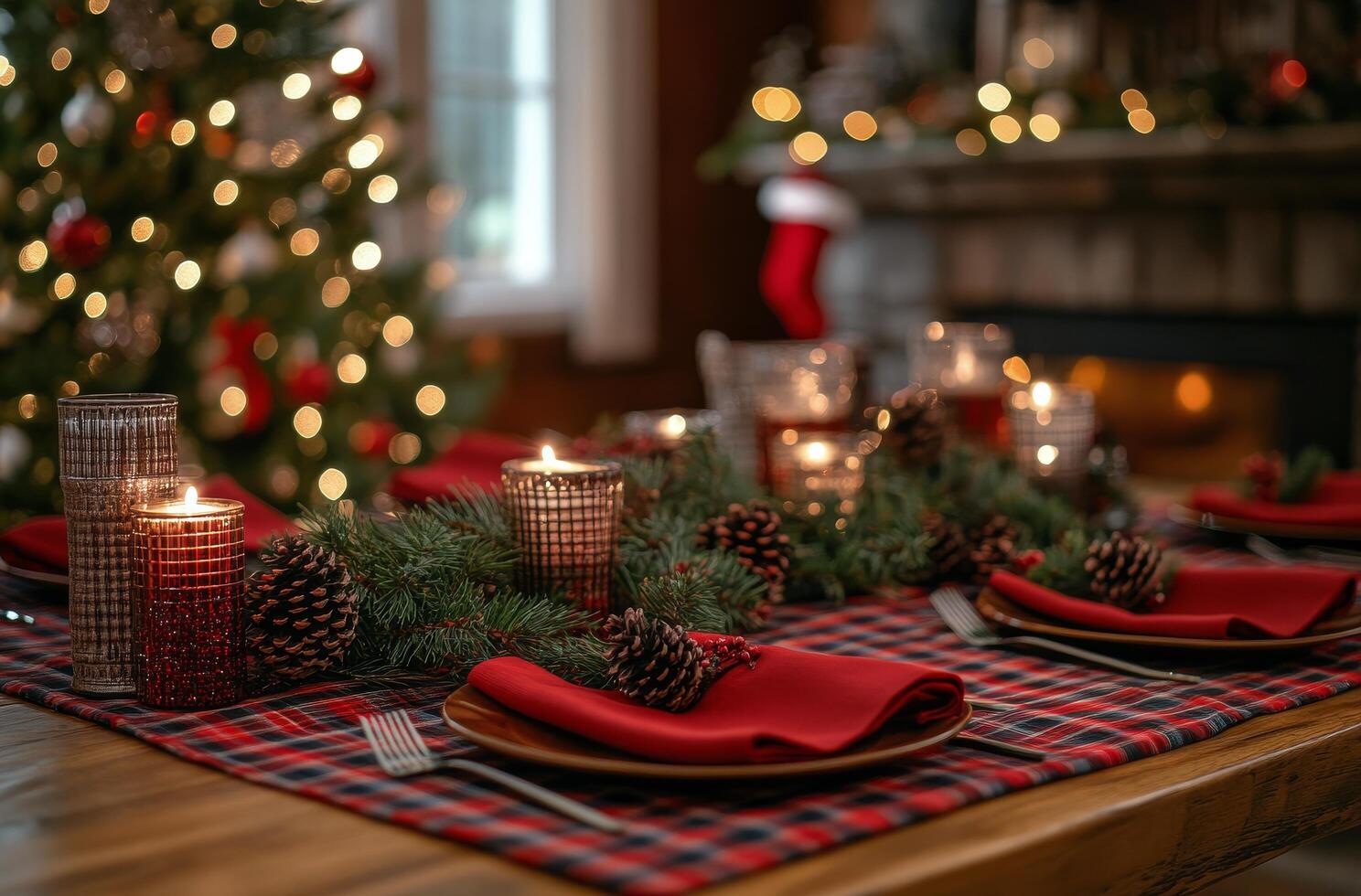 A cozy Christmas dining setup with a decorated tree, stockings and warm fireplace ambiance photo