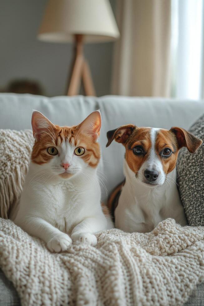 A cat and dog relaxing together on a cozy couch in a warmly lit living room photo
