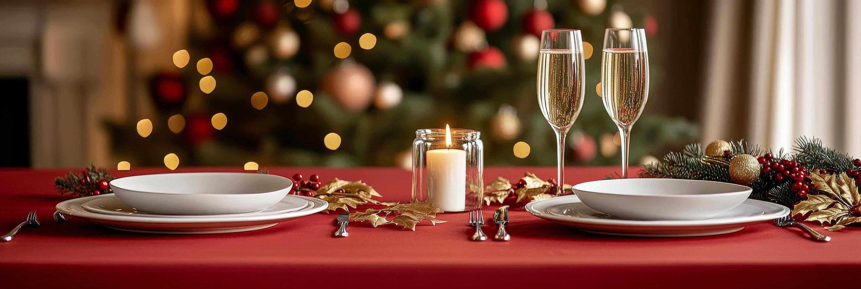 Festive Christmas dinner setting with elegant tableware, sparkling glasses, and holiday decorations photo