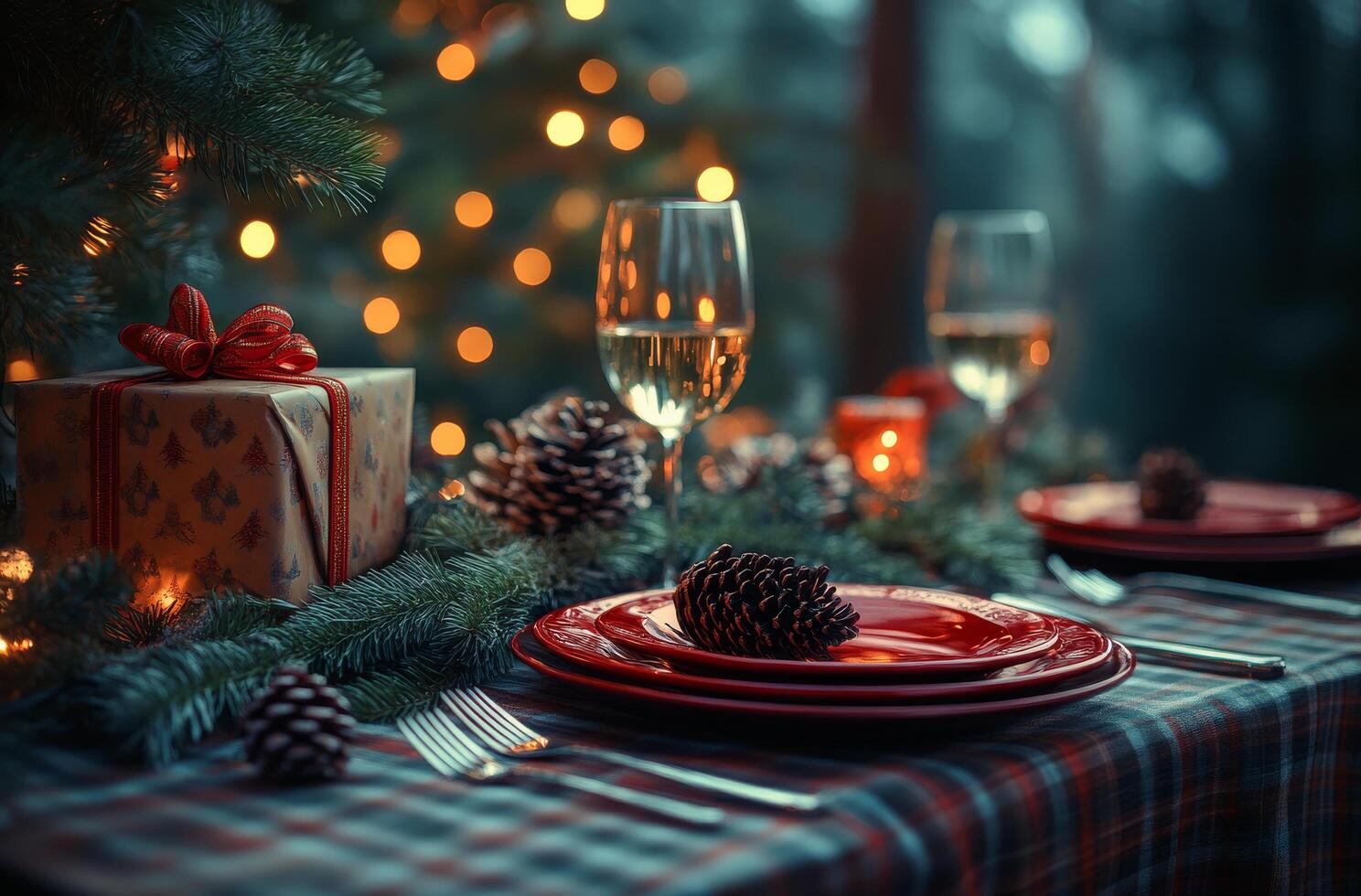 A beautifully decorated Christmas table with red plates, pinecones, and festive ambiance photo