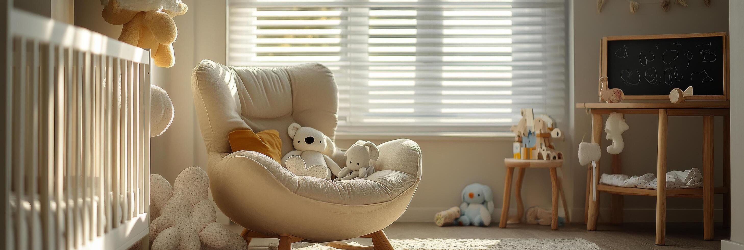 Cozy nursery corner with a rocking chair, toys, and soft sunlight in a warm, inviting space photo