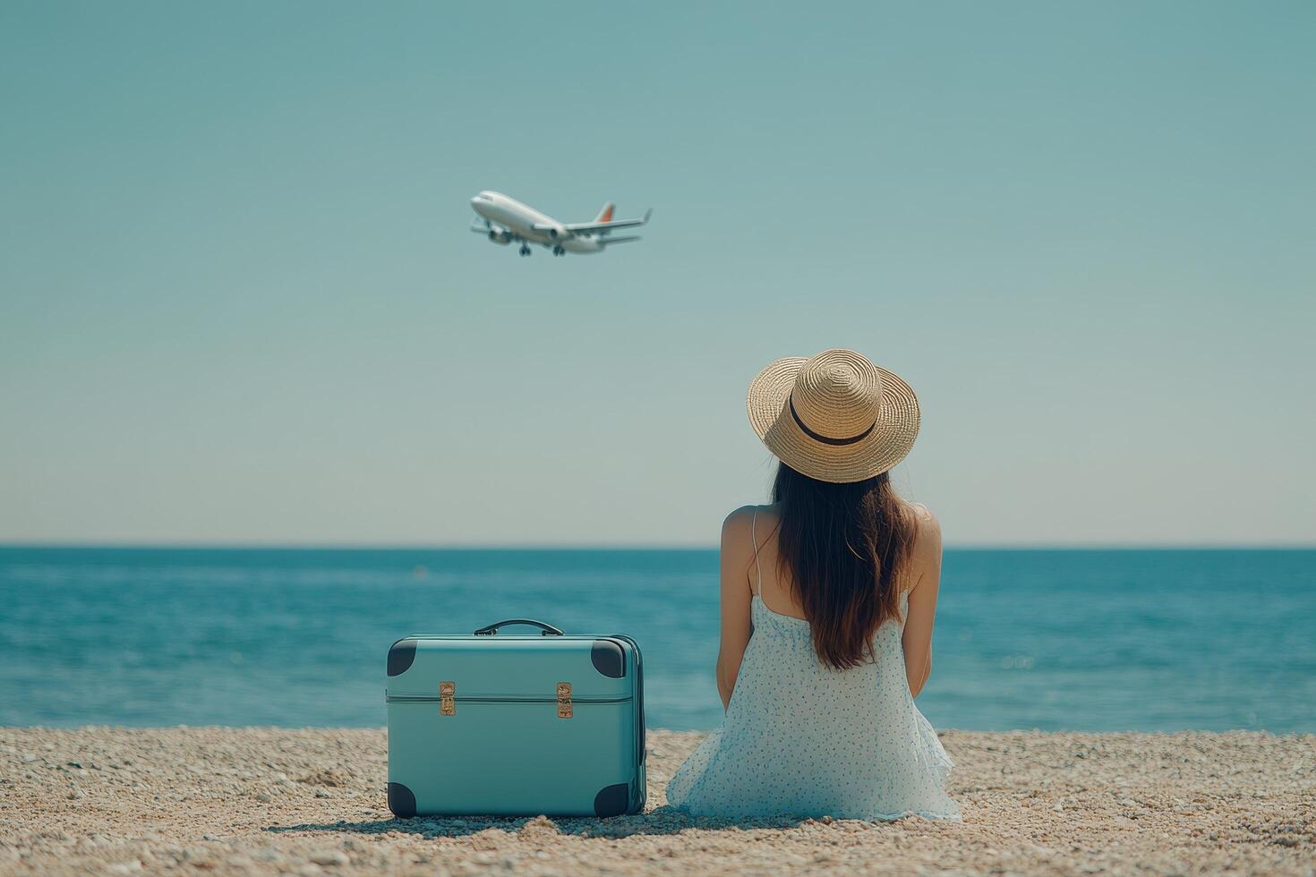 A traveler looks up at an airplane over a serene beach with a suitcase nearby on a sunny day photo