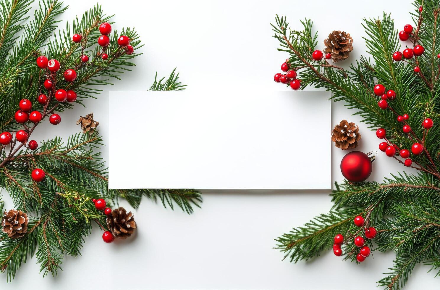 Festive arrangement of pine branches, berries, and pinecones with a blank card for holiday messages photo