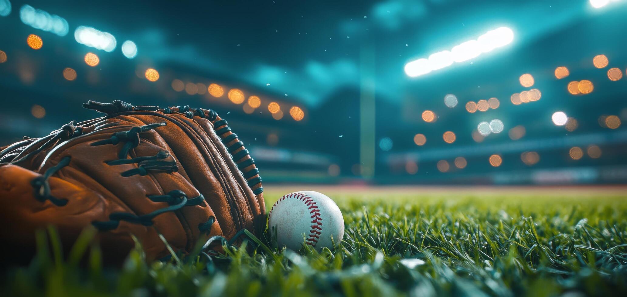 A baseball glove rests beside a ball on the grass at a dimly lit stadium during evening play photo
